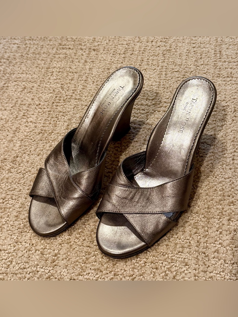 Taryn Rose Metallic Bronze Crisscross Mule Heels